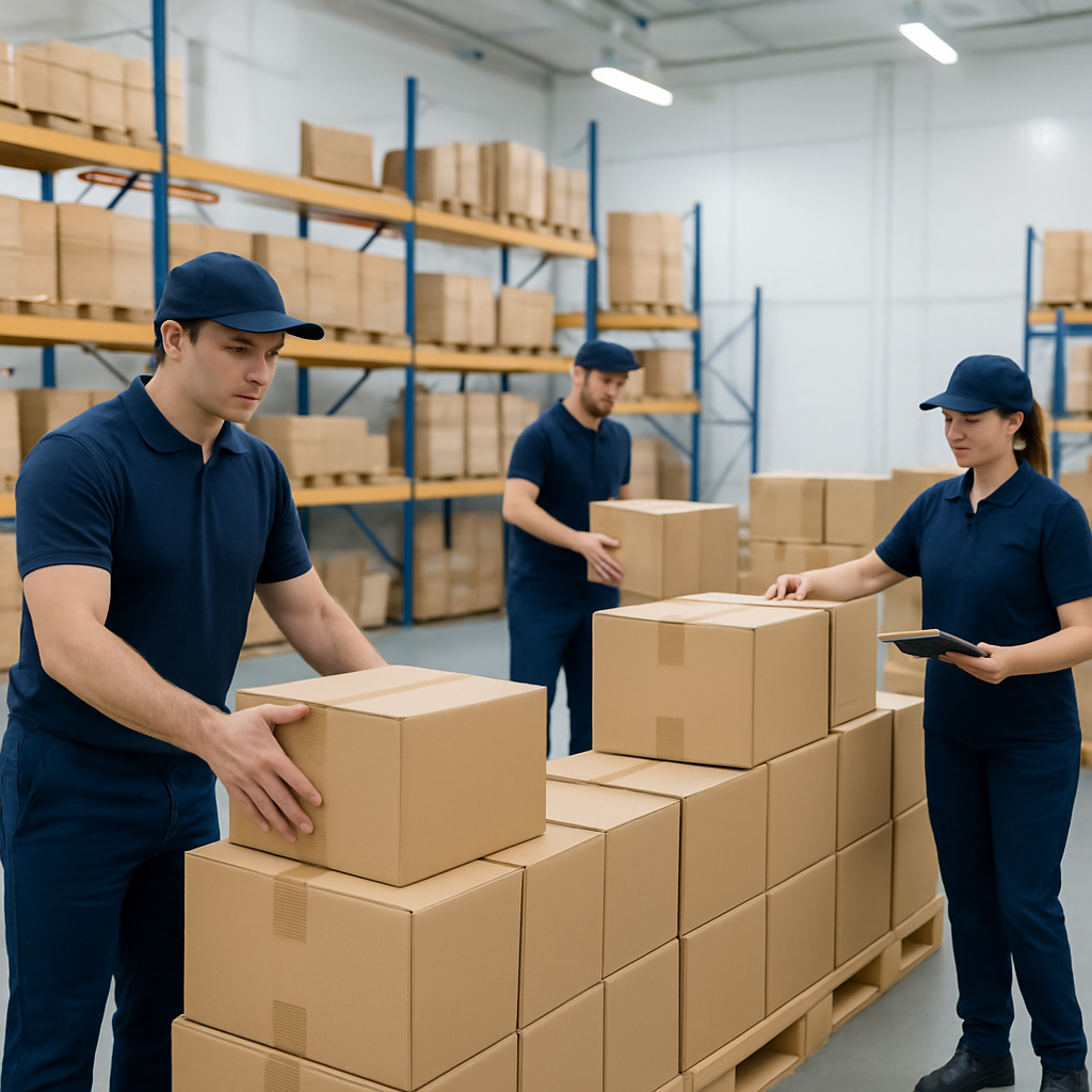 Entrepôt logistique avec colis et marchandises organisés