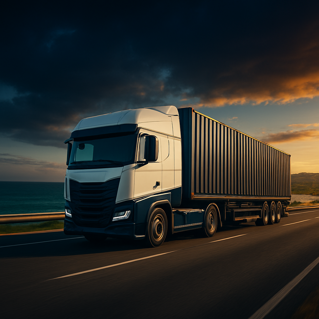 Camion de transport Island Bridge Logistics avec conteneurs sur une route côtière